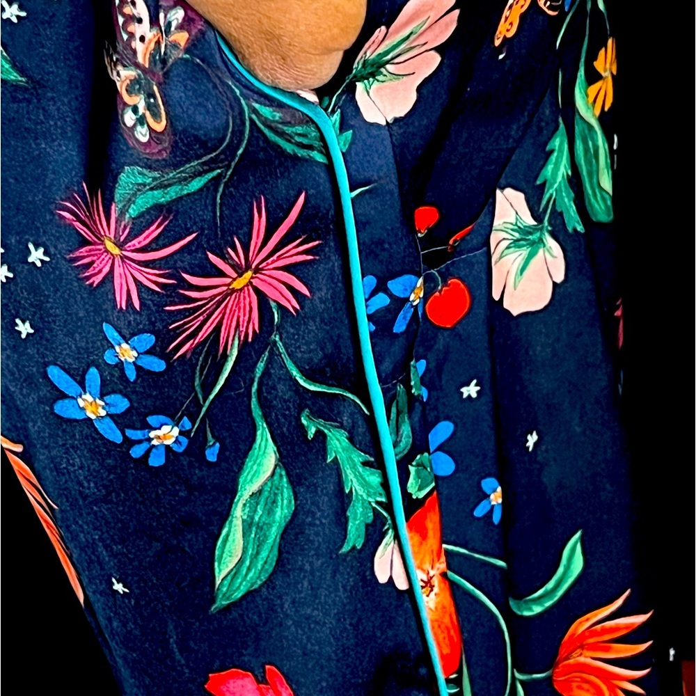 Room service lounge pants with multicolored flowers & butterflies.